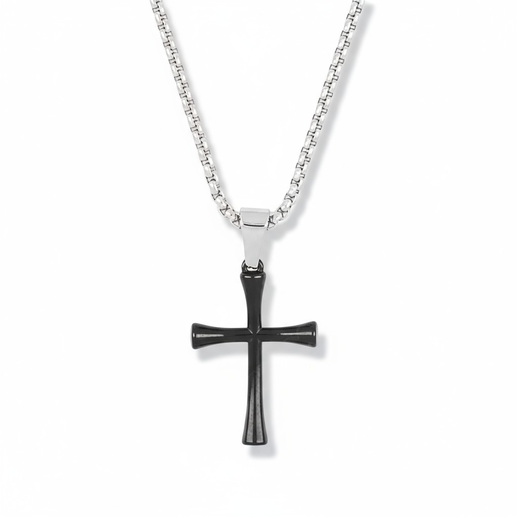 166877-1 Σταυρός ατσάλινος μαύρος με αλυσίδα ασημί - Image 1